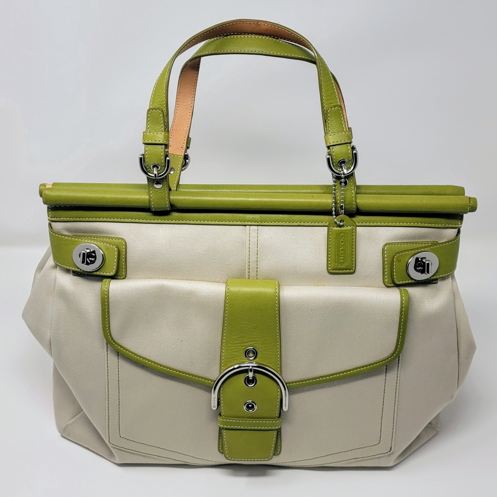 Coach Ivory Canvas & Green Leather Hampton Tote Handbag Turnlock